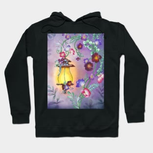 Old streetlight with flowers ornamental decoration. Fairy night garden watercolor illustration. Colorful fantasy scenery Hoodie